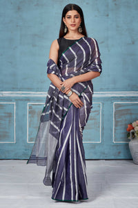 Shop blue and white stripes Pattu silk saree online in USA. Look your best on festive occasions in latest designer saris, pure silk saris, Kanchipuram silk sarees, handwoven sarees, tussar silk sarees, embroidered sarees from Pure Elegance Indian fashion store in USA.-full view