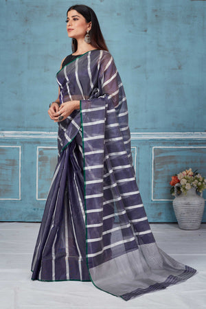 Shop blue and white stripes Pattu silk saree online in USA. Look your best on festive occasions in latest designer saris, pure silk saris, Kanchipuram silk sarees, handwoven sarees, tussar silk sarees, embroidered sarees from Pure Elegance Indian fashion store in USA.-pallu