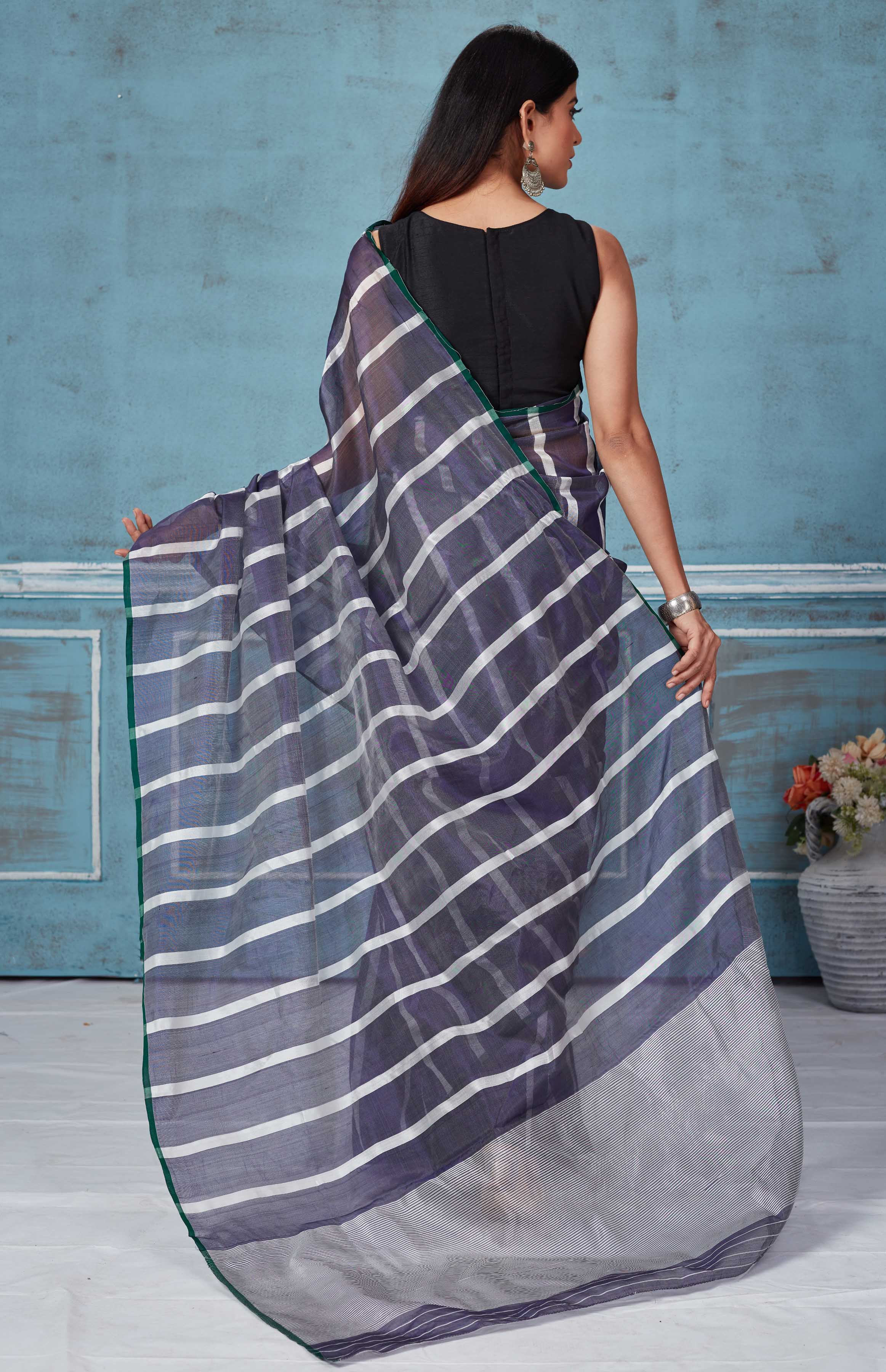 Shop blue and white stripes Pattu silk saree online in USA. Look your best on festive occasions in latest designer saris, pure silk saris, Kanchipuram silk sarees, handwoven sarees, tussar silk sarees, embroidered sarees from Pure Elegance Indian fashion store in USA.-back