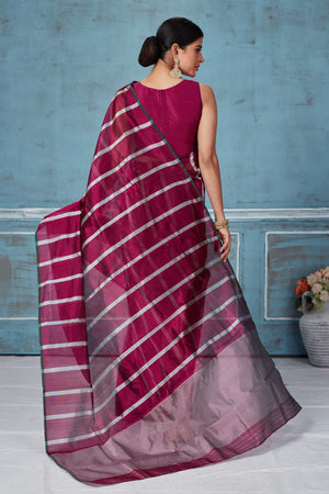 Shop wine and white stripes Pattu silk saree online in USA. Look your best on festive occasions in latest designer saris, pure silk saris, Kanchipuram silk sarees, handwoven sarees, tussar silk sarees, embroidered sarees from Pure Elegance Indian fashion store in USA.-back