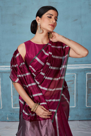 Shop wine and white stripes Pattu silk saree online in USA. Look your best on festive occasions in latest designer saris, pure silk saris, Kanchipuram silk sarees, handwoven sarees, tussar silk sarees, embroidered sarees from Pure Elegance Indian fashion store in USA.-closeup