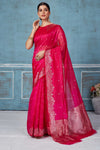 Buy pink Pattu silk saree online in USA with hand woven border. Look your best on festive occasions in latest designer saris, pure silk saris, Kanchipuram silk sarees, handwoven sarees, tussar silk sarees, embroidered sarees from Pure Elegance Indian fashion store in USA.-full view