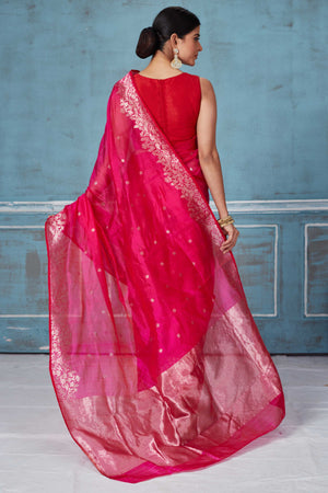Buy pink Pattu silk saree online in USA with hand woven border. Look your best on festive occasions in latest designer saris, pure silk saris, Kanchipuram silk sarees, handwoven sarees, tussar silk sarees, embroidered sarees from Pure Elegance Indian fashion store in USA.-back