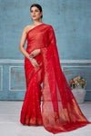 Shop red Pattu silk saree online in USA with hand woven border. Look your best on festive occasions in latest designer saris, pure silk saris, Kanchipuram silk sarees, handwoven sarees, tussar silk sarees, embroidered sarees from Pure Elegance Indian fashion store in USA.-full view