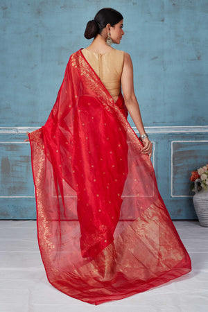 Shop red Pattu silk saree online in USA with hand woven border. Look your best on festive occasions in latest designer saris, pure silk saris, Kanchipuram silk sarees, handwoven sarees, tussar silk sarees, embroidered sarees from Pure Elegance Indian fashion store in USA.-back