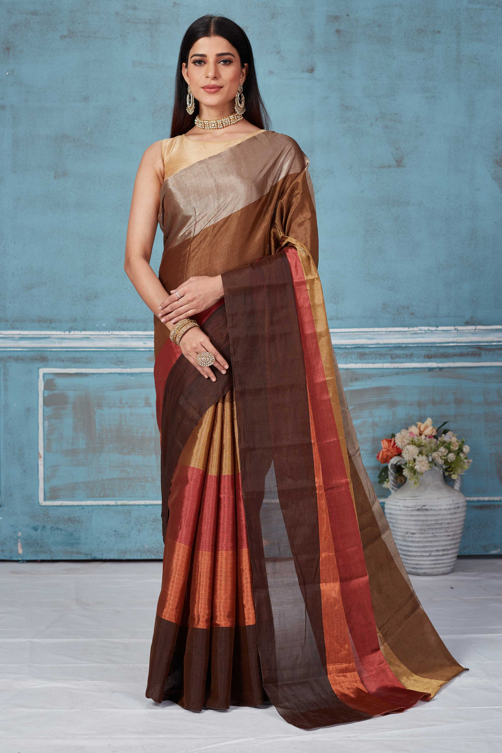 Shop beautiful brown multicolor tissue silk golden zari saree online in USA. Look your best on festive occasions in latest designer saris, pure silk saris, Kanchipuram silk sarees, handwoven sarees, tussar silk sarees, embroidered sarees from Pure Elegance Indian fashion store in USA.-full view