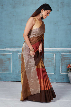 Buy beautiful earthy tones tissue silk golden zari sari online in USA. Look your best on festive occasions in latest designer saris, pure silk saris, Kanchipuram silk sarees, handwoven sarees, tussar silk sarees, embroidered sarees from Pure Elegance Indian fashion store in USA.-side