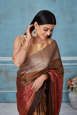 Buy beautiful earthy tones tissue silk golden zari sari online in USA. Look your best on festive occasions in latest designer saris, pure silk saris, Kanchipuram silk sarees, handwoven sarees, tussar silk sarees, embroidered sarees from Pure Elegance Indian fashion store in USA.-closeup