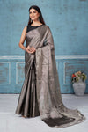 Shop stunning grey silver zari tissue silk sari online in USA. Look your best on festive occasions in latest designer saris, pure silk saris, Kanchipuram silk sarees, handwoven sarees, tussar silk sarees, embroidered sarees from Pure Elegance Indian fashion store in USA.-full view