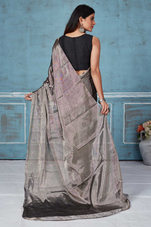 Shop stunning grey silver zari tissue silk sari online in USA. Look your best on festive occasions in latest designer saris, pure silk saris, Kanchipuram silk sarees, handwoven sarees, tussar silk sarees, embroidered sarees from Pure Elegance Indian fashion store in USA.-back