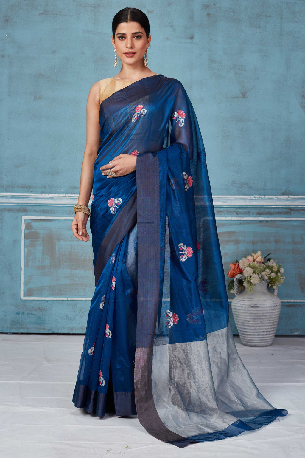 Shop blue Pattu silk sari online in USA with floral zari motifs. Look your best on festive occasions in latest designer saris, pure silk saris, Kanchipuram silk sarees, handwoven sarees, tussar silk sarees, embroidered sarees from Pure Elegance Indian fashion store in USA.-full view