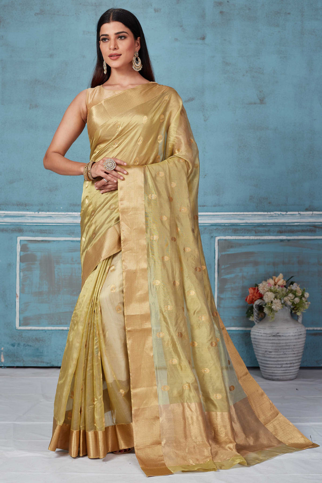 Buy golden Pattu silk sari online in USA with nakshi border. Look your best on festive occasions in latest designer saris, pure silk saris, Kanchipuram silk sarees, handwoven sarees, tussar silk sarees, embroidered sarees from Pure Elegance Indian fashion store in USA.-full view