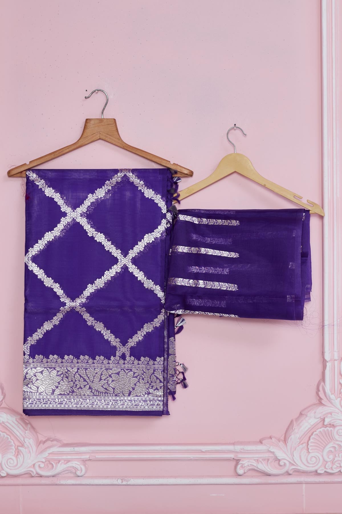 Shop beautiful purple Banarasi saree online in USA with silver zari work. Look your best on festive occasions in latest designer saris, pure silk sarees, Kanjivaram silk sarees, handwoven saris, tussar silk sarees, embroidered saris from Pure Elegance Indian fashion store in USA.-blouse
