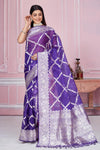 Shop beautiful purple Banarasi saree online in USA with silver zari work. Look your best on festive occasions in latest designer saris, pure silk sarees, Kanjivaram silk sarees, handwoven saris, tussar silk sarees, embroidered saris from Pure Elegance Indian fashion store in USA.-full view