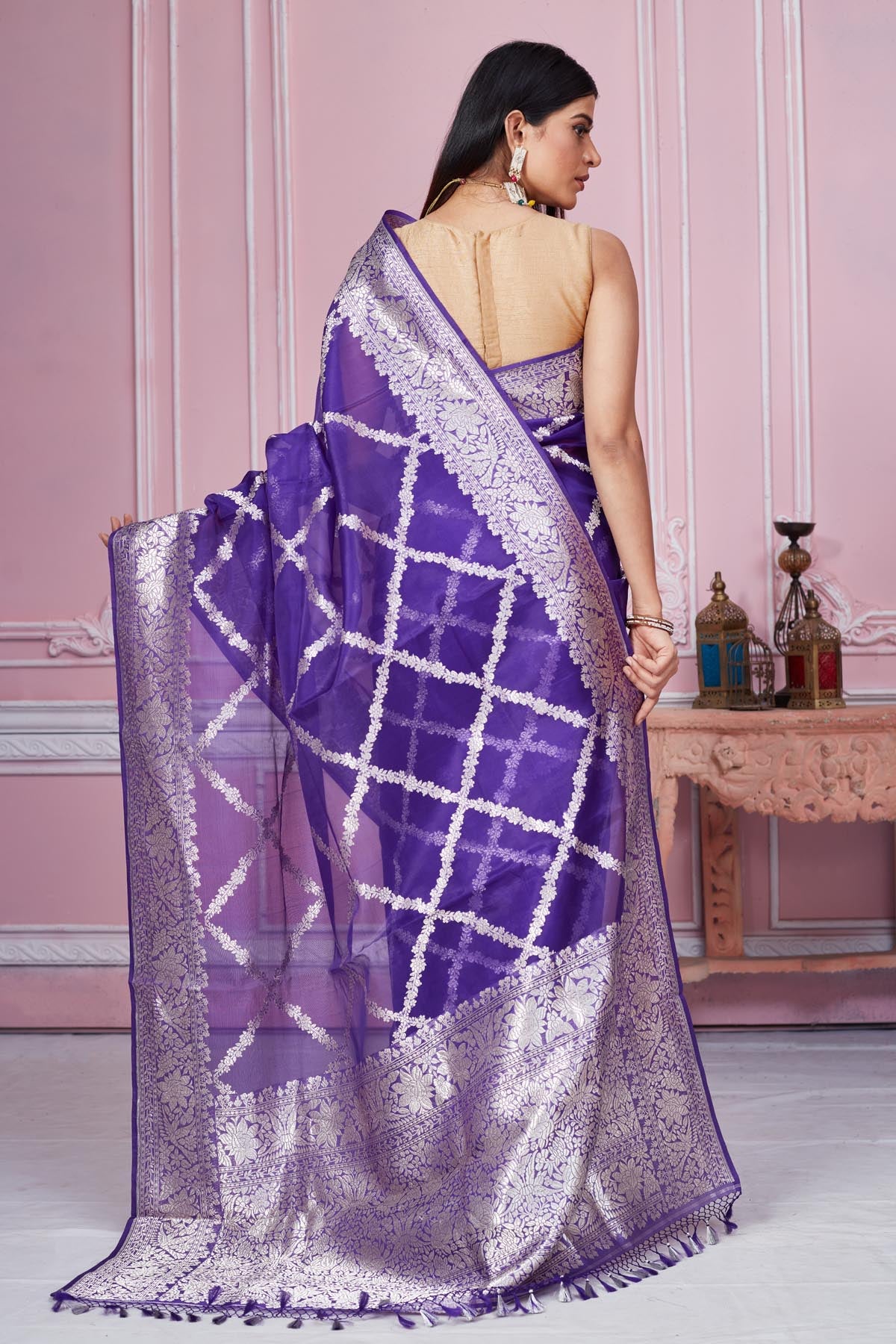 Shop beautiful purple Banarasi saree online in USA with silver zari work. Look your best on festive occasions in latest designer saris, pure silk sarees, Kanjivaram silk sarees, handwoven saris, tussar silk sarees, embroidered saris from Pure Elegance Indian fashion store in USA.-back