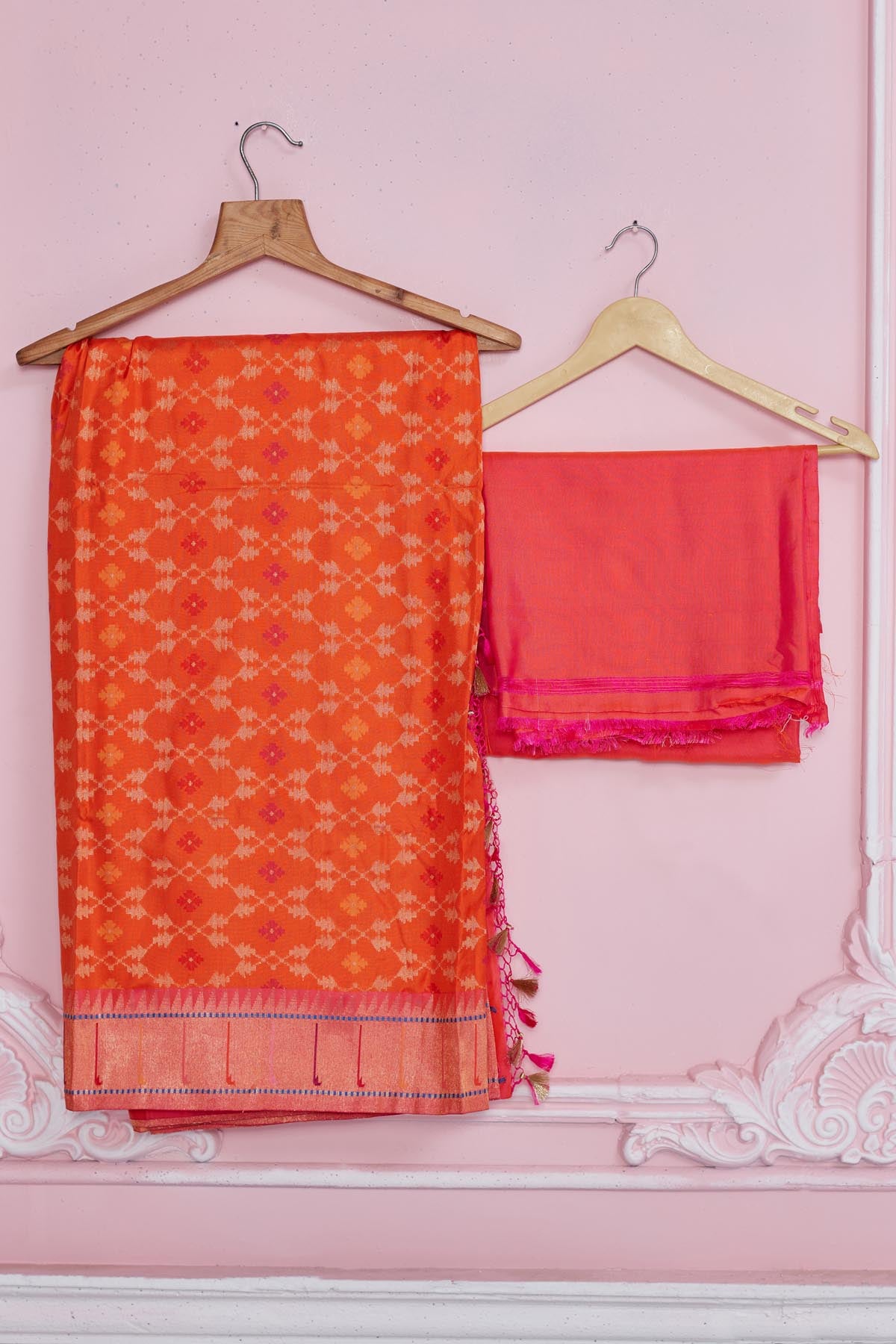 Shop orange Banarasi saree online in USA with heavy zari minakari border. Look your best on festive occasions in latest designer saris, pure silk sarees, Kanjivaram silk sarees, handwoven saris, tussar silk sarees, embroidered saris from Pure Elegance Indian fashion store in USA.-blouse