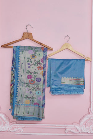Shop blue and purple Banarasi saree online in USA with minakari zari pallu. Look your best on festive occasions in latest designer saris, pure silk sarees, Kanjivaram silk sarees, handwoven saris, tussar silk sarees, embroidered saris from Pure Elegance Indian fashion store in USA.-blouse