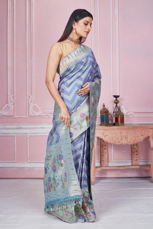 Shop blue and purple Banarasi saree online in USA with minakari zari pallu. Look your best on festive occasions in latest designer saris, pure silk sarees, Kanjivaram silk sarees, handwoven saris, tussar silk sarees, embroidered saris from Pure Elegance Indian fashion store in USA.-side