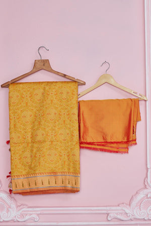 Shop mustard Banarasi saree online in USA with golden zari border. Look your best on festive occasions in latest designer saris, pure silk sarees, Kanjivaram silk sarees, handwoven saris, tussar silk sarees, embroidered saris from Pure Elegance Indian fashion store in USA.-blouse