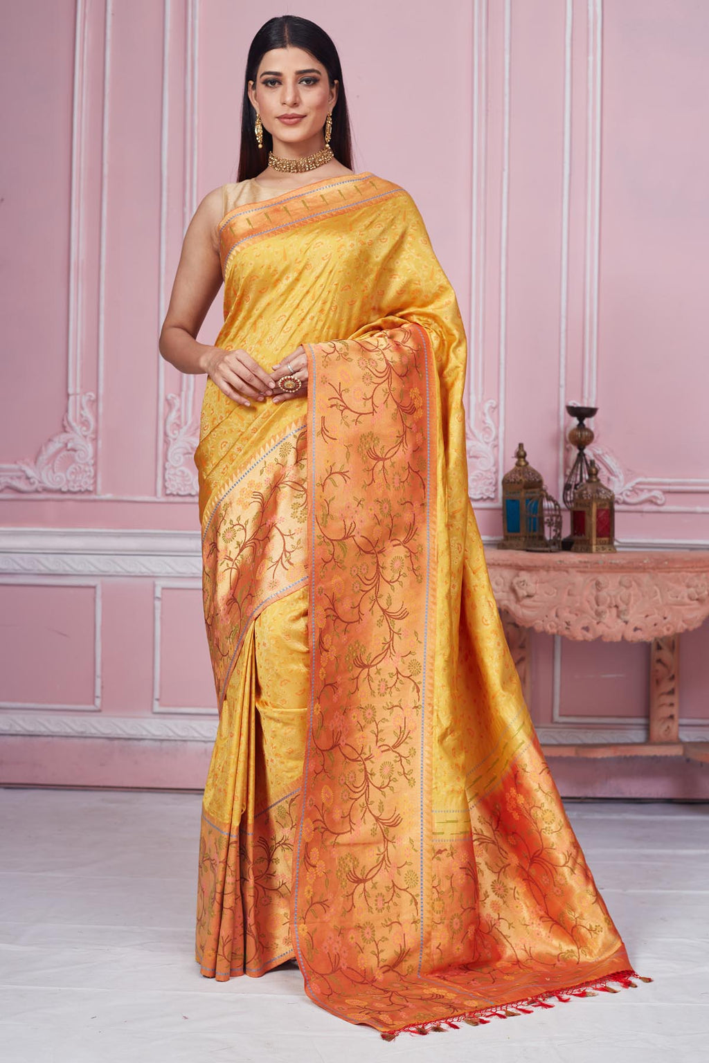 Shop mustard Banarasi saree online in USA with golden zari border. Look your best on festive occasions in latest designer saris, pure silk sarees, Kanjivaram silk sarees, handwoven saris, tussar silk sarees, embroidered saris from Pure Elegance Indian fashion store in USA.-full view