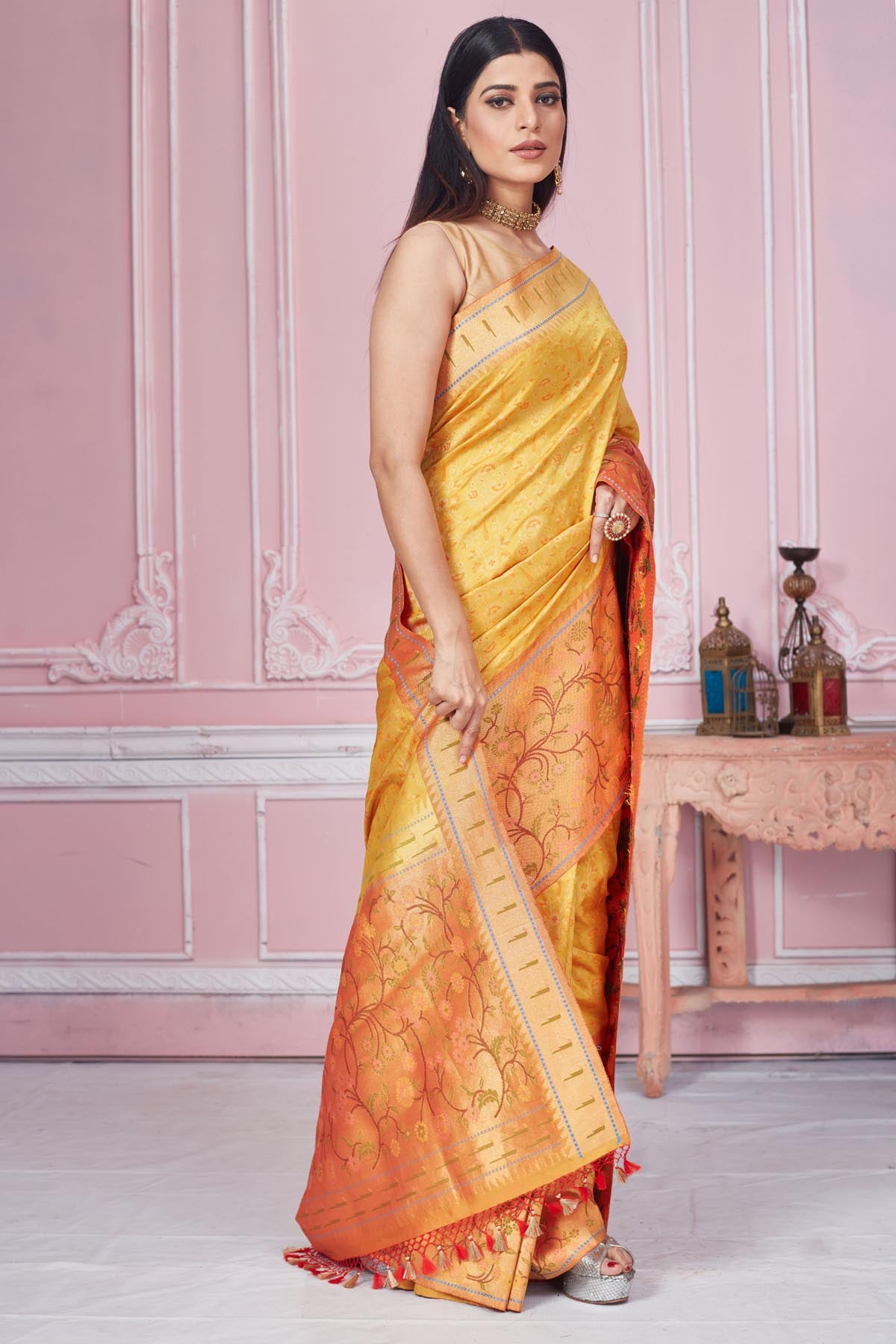Shop mustard Banarasi saree online in USA with golden zari border. Look your best on festive occasions in latest designer saris, pure silk sarees, Kanjivaram silk sarees, handwoven saris, tussar silk sarees, embroidered saris from Pure Elegance Indian fashion store in USA.-side