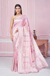 Shop powder pink Banarasi sari online in USA with zari minakari border. Look your best on festive occasions in latest designer saris, pure silk sarees, Kanjivaram silk sarees, handwoven saris, tussar silk sarees, embroidered saris from Pure Elegance Indian fashion store in USA.-full view