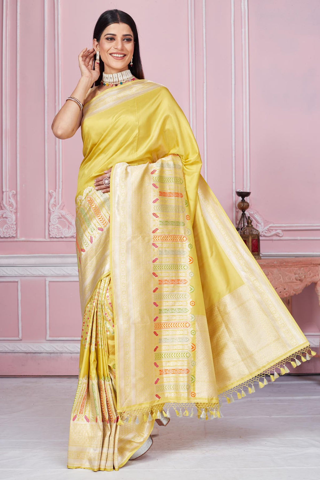 Buy stunning yellow Banarasi sari online in USA with zari minakari border. Look your best on festive occasions in latest designer saris, pure silk sarees, Kanjivaram silk sarees, handwoven saris, tussar silk sarees, embroidered saris from Pure Elegance Indian fashion store in USA.-full view