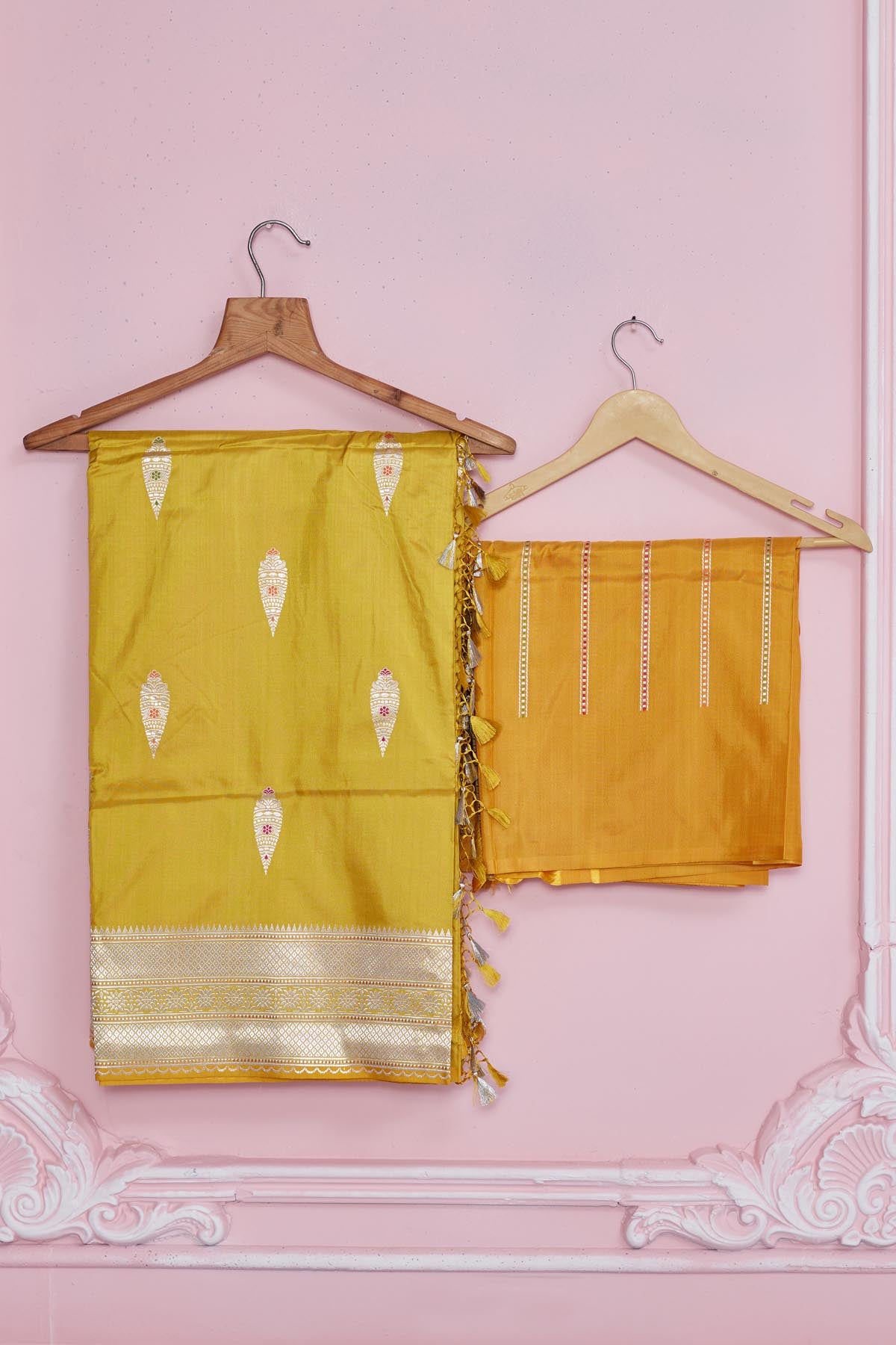Shop yellow Banarasi sari online in USA with zari minakari buta. Look your best on festive occasions in latest designer saris, pure silk sarees, Kanjivaram silk sarees, handwoven saris, tussar silk sarees, embroidered saris from Pure Elegance Indian fashion store in USA.-blouse
