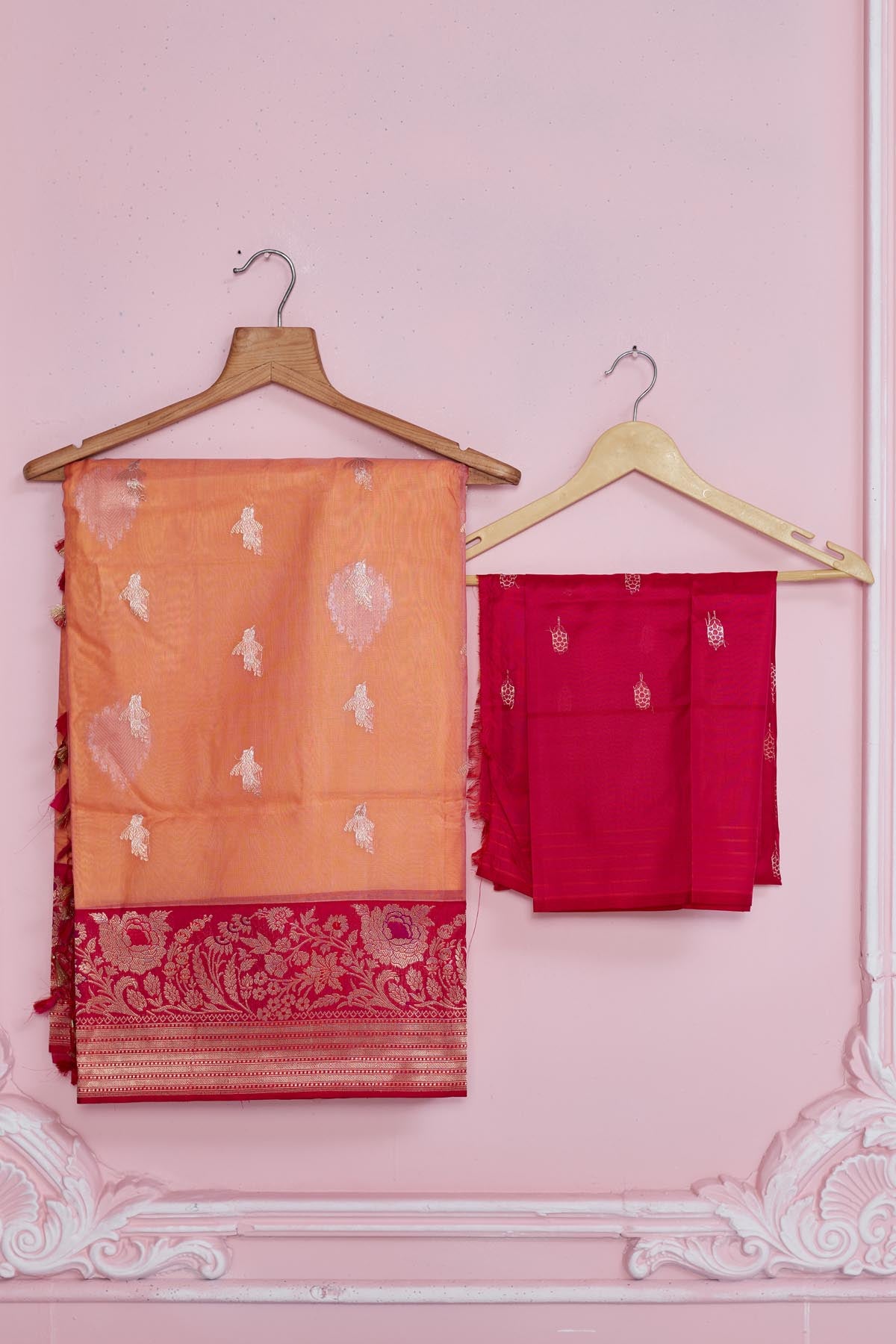 Buy pink and yellow Banarasi sari online in USA with zari minakari border. Look your best on festive occasions in latest designer saris, pure silk sarees, Kanjivaram silk sarees, handwoven saris, tussar silk sarees, embroidered saris from Pure Elegance Indian fashion store in USA.-blouse