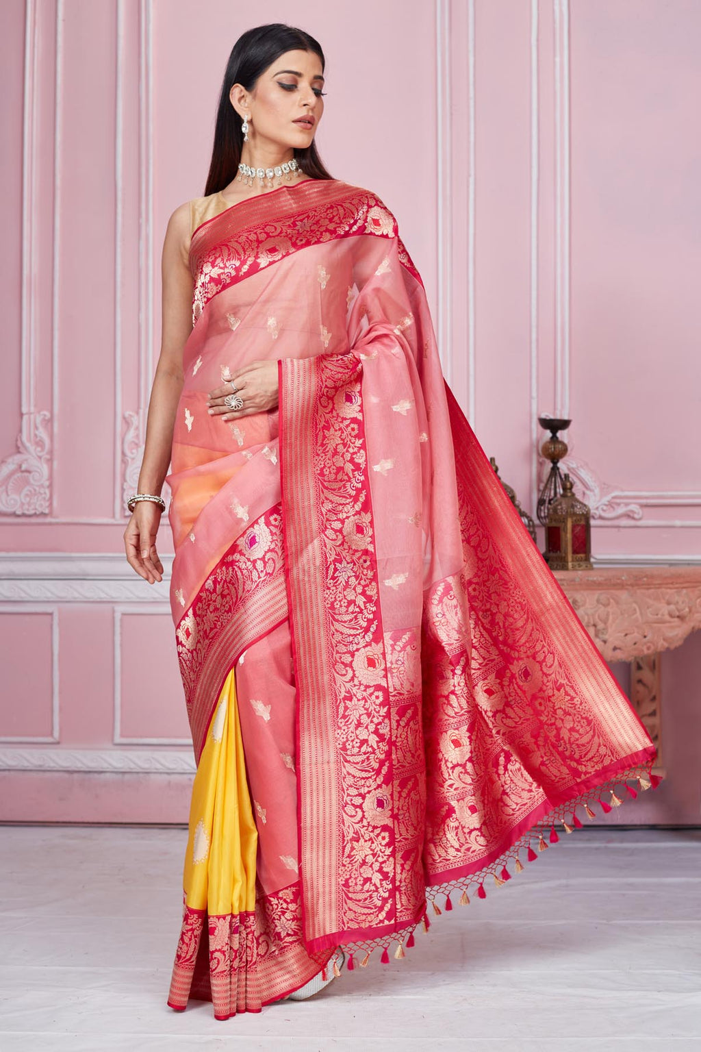 Buy pink and yellow Banarasi sari online in USA with zari minakari border. Look your best on festive occasions in latest designer saris, pure silk sarees, Kanjivaram silk sarees, handwoven saris, tussar silk sarees, embroidered saris from Pure Elegance Indian fashion store in USA.-full view