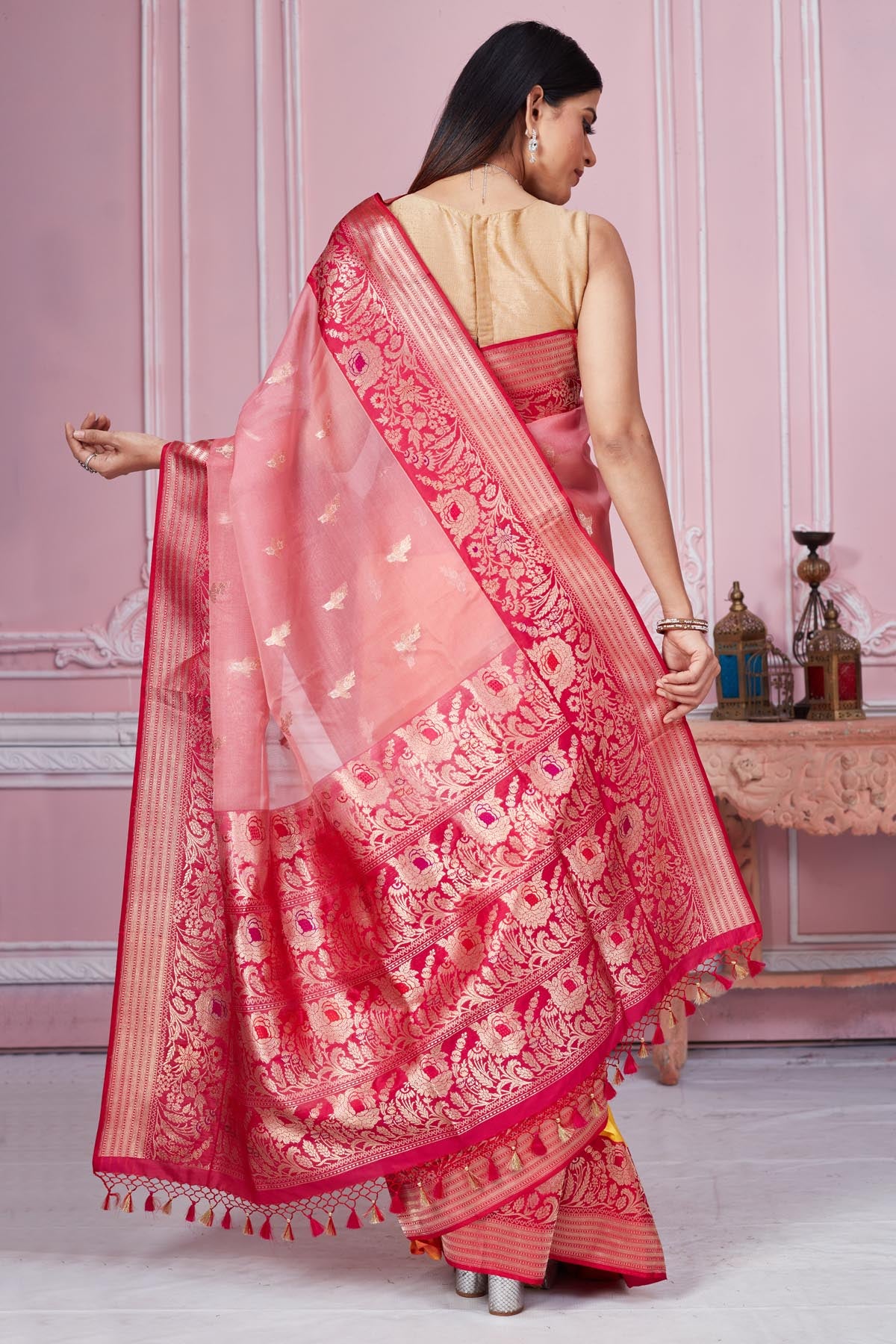 Buy pink and yellow Banarasi sari online in USA with zari minakari border. Look your best on festive occasions in latest designer saris, pure silk sarees, Kanjivaram silk sarees, handwoven saris, tussar silk sarees, embroidered saris from Pure Elegance Indian fashion store in USA.-back