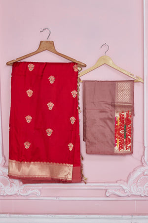 Shop red Banarasi sari online in USA with heavy zari pallu. Look your best on festive occasions in latest designer saris, pure silk sarees, Kanjivaram silk sarees, handwoven saris, tussar silk sarees, embroidered saris from Pure Elegance Indian fashion store in USA.-blouse