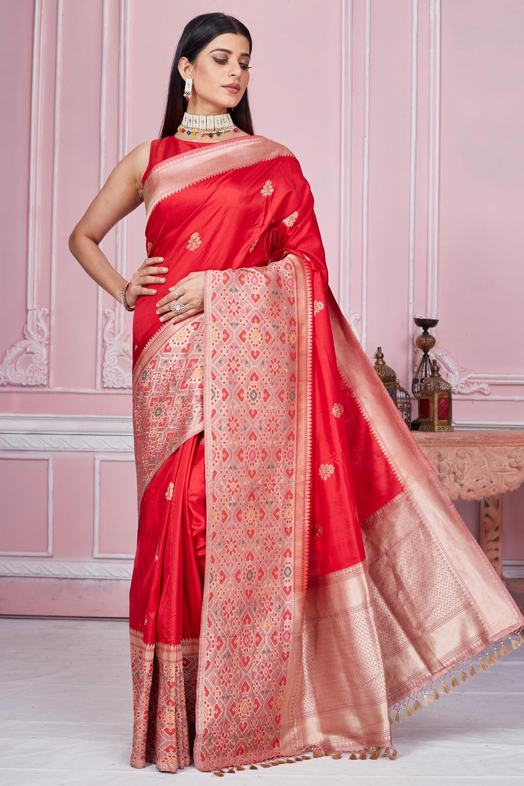 Shop red Banarasi sari online in USA with heavy zari pallu. Look your best on festive occasions in latest designer saris, pure silk sarees, Kanjivaram silk sarees, handwoven saris, tussar silk sarees, embroidered saris from Pure Elegance Indian fashion store in USA.-full view
