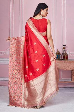 Shop red Banarasi sari online in USA with heavy zari pallu. Look your best on festive occasions in latest designer saris, pure silk sarees, Kanjivaram silk sarees, handwoven saris, tussar silk sarees, embroidered saris from Pure Elegance Indian fashion store in USA.-back