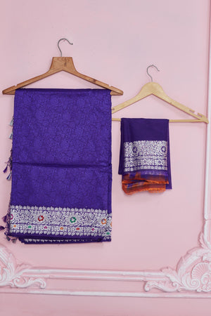 Buy lavender Banarasi sari online in USA with silver zari border. Look your best on festive occasions in latest designer saris, pure silk sarees, Kanjivaram silk sarees, handwoven saris, tussar silk sarees, embroidered saris from Pure Elegance Indian fashion store in USA.-blouse