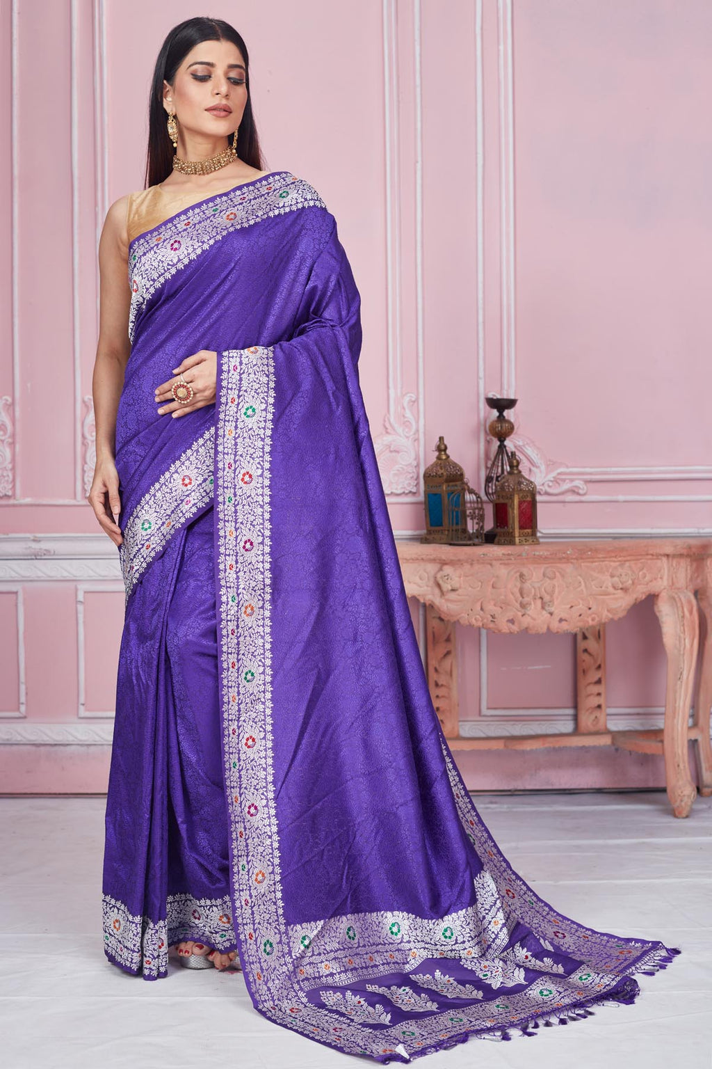 Buy lavender Banarasi sari online in USA with silver zari border. Look your best on festive occasions in latest designer saris, pure silk sarees, Kanjivaram silk sarees, handwoven saris, tussar silk sarees, embroidered saris from Pure Elegance Indian fashion store in USA.-full view