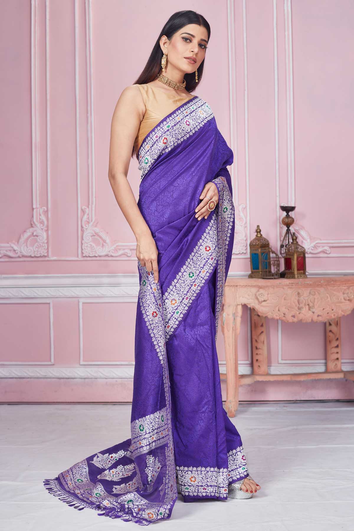 Buy lavender Banarasi sari online in USA with silver zari border. Look your best on festive occasions in latest designer saris, pure silk sarees, Kanjivaram silk sarees, handwoven saris, tussar silk sarees, embroidered saris from Pure Elegance Indian fashion store in USA.-side