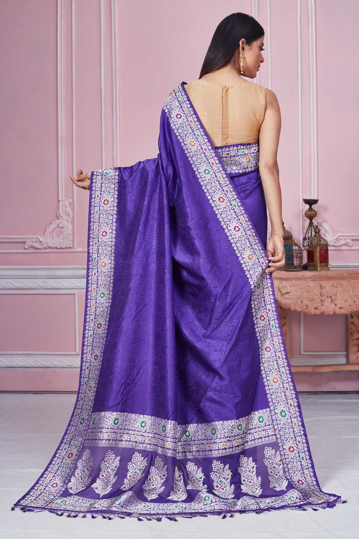 Buy lavender Banarasi sari online in USA with silver zari border. Look your best on festive occasions in latest designer saris, pure silk sarees, Kanjivaram silk sarees, handwoven saris, tussar silk sarees, embroidered saris from Pure Elegance Indian fashion store in USA.-back