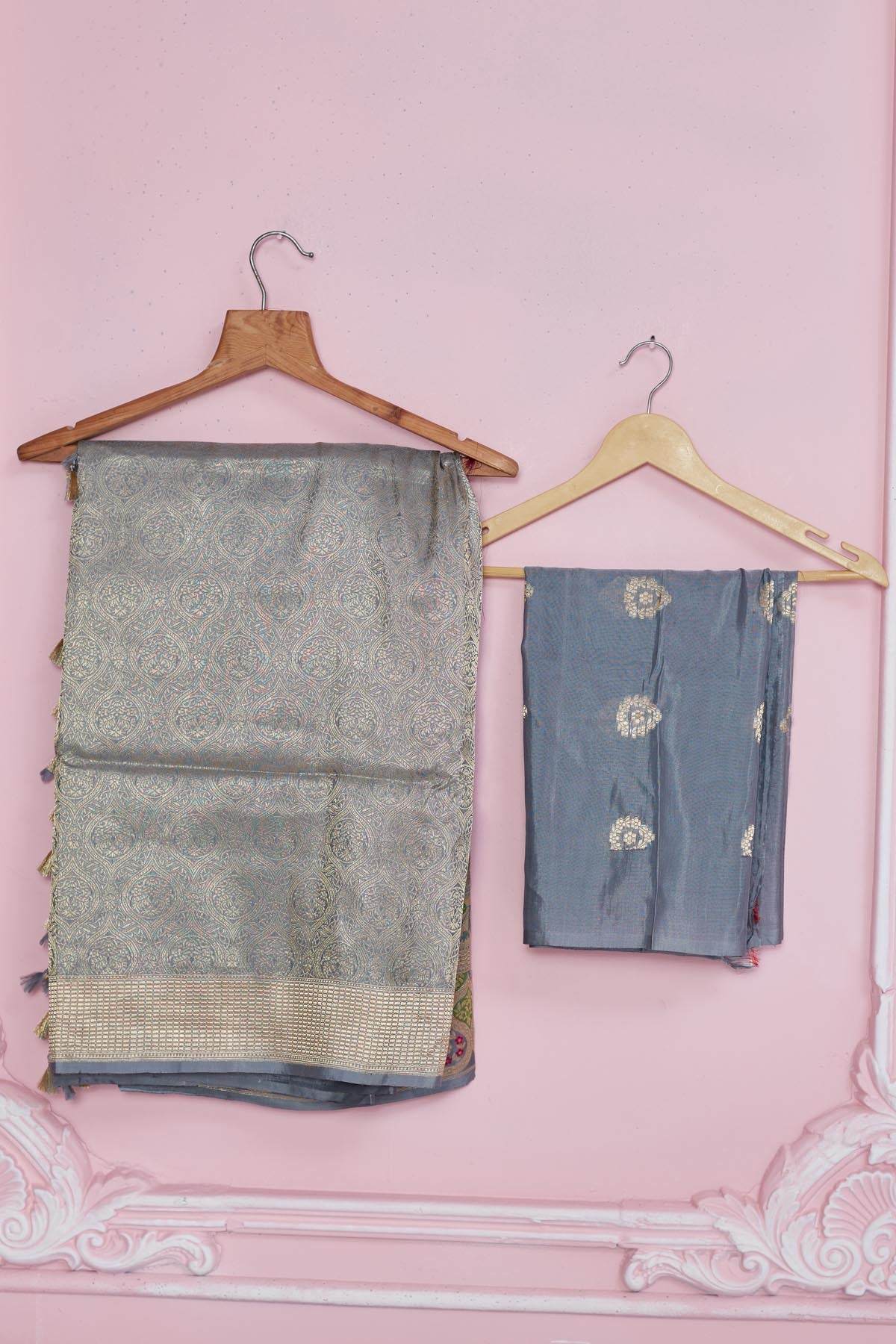 Buy grey Banarasi sari online in USA with zari minakari border. Look your best on festive occasions in latest designer saris, pure silk sarees, Kanjivaram silk sarees, handwoven saris, tussar silk sarees, embroidered saris from Pure Elegance Indian fashion store in USA.-blouse