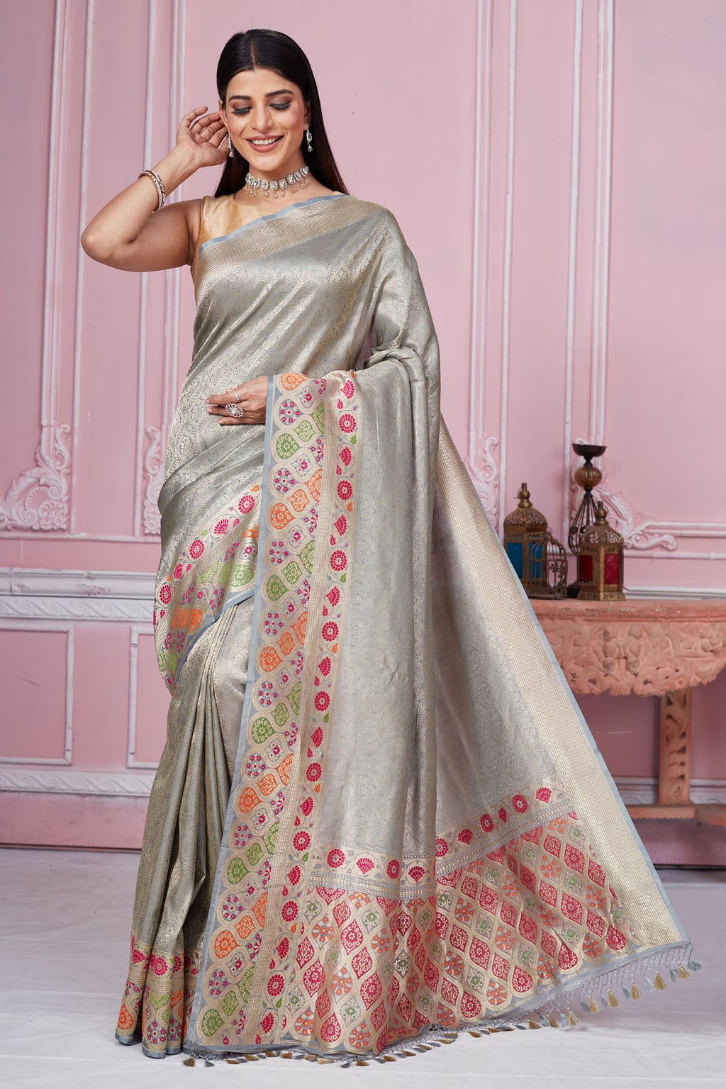 Buy grey Banarasi sari online in USA with zari minakari border. Look your best on festive occasions in latest designer saris, pure silk sarees, Kanjivaram silk sarees, handwoven saris, tussar silk sarees, embroidered saris from Pure Elegance Indian fashion store in USA.-full view