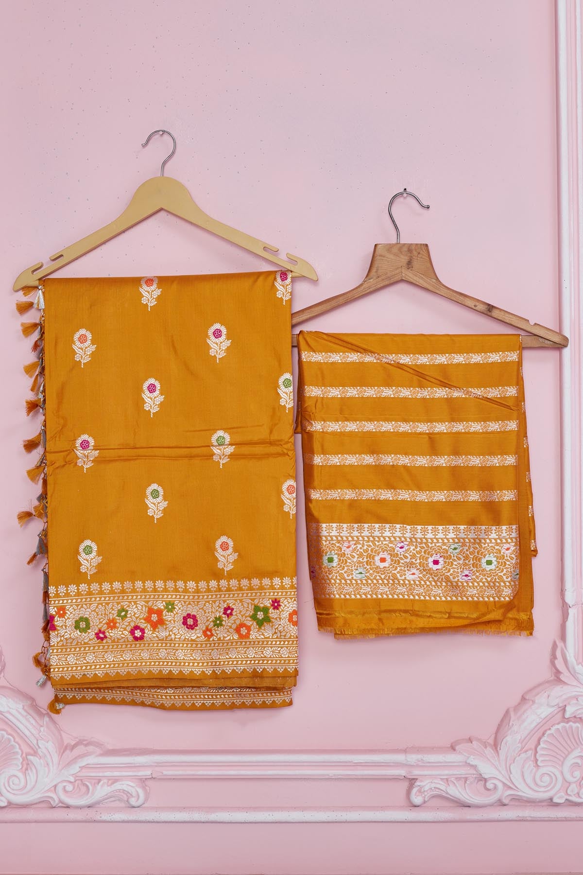 Shop beautiful mustard Banarasi sari online in USA with zari minakari border. Look your best on festive occasions in latest designer saris, pure silk sarees, Kanjivaram silk sarees, handwoven saris, tussar silk sarees, embroidered saris from Pure Elegance Indian fashion store in USA.-blouse