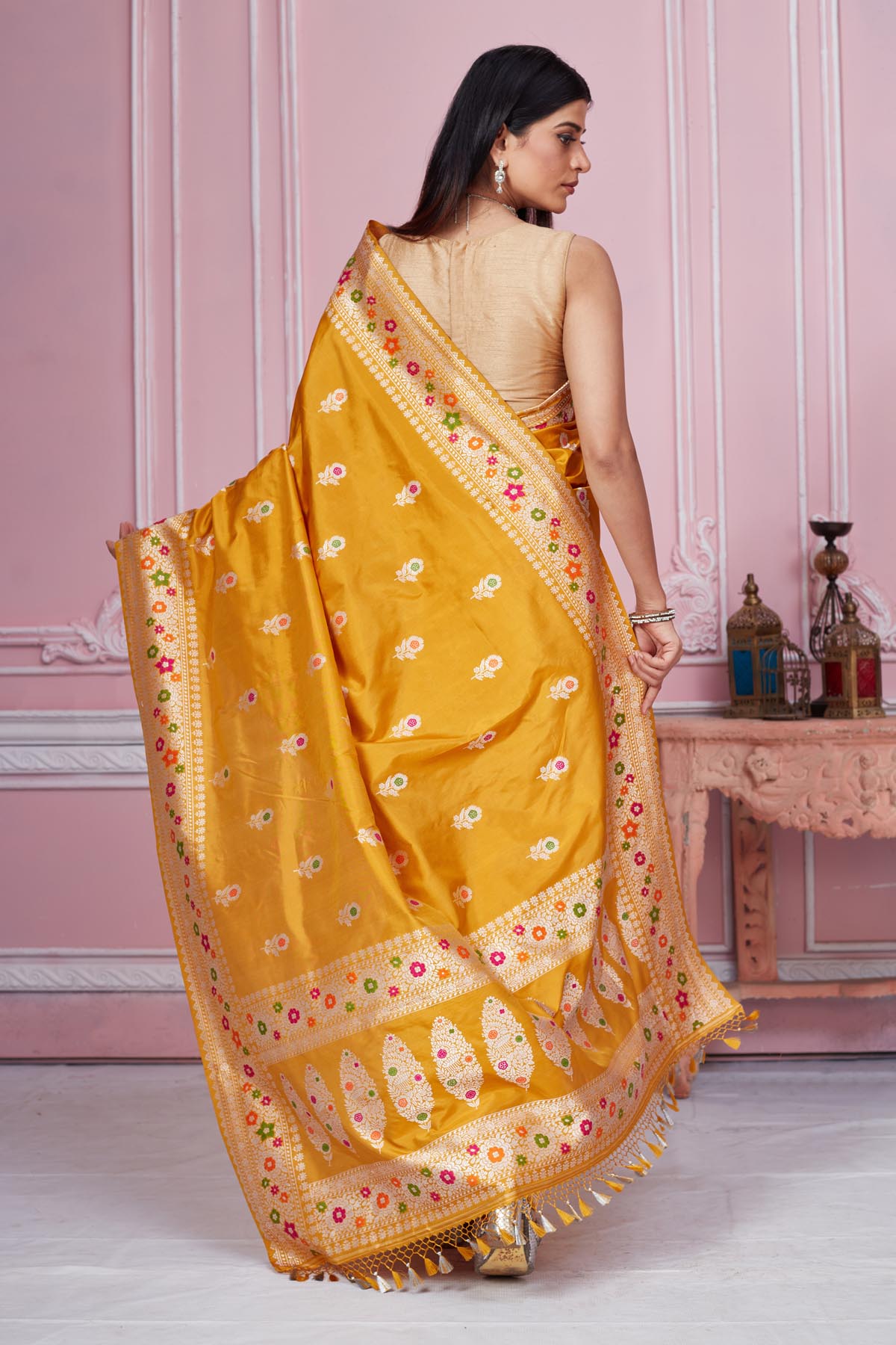 Shop beautiful mustard Banarasi sari online in USA with zari minakari border. Look your best on festive occasions in latest designer saris, pure silk sarees, Kanjivaram silk sarees, handwoven saris, tussar silk sarees, embroidered saris from Pure Elegance Indian fashion store in USA.-back