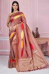 Buy beautiful maroon heavy zari Banarasi sari online in USA. Look your best on festive occasions in latest designer saris, pure silk sarees, Kanjivaram silk sarees, handwoven saris, tussar silk sarees, embroidered saris from Pure Elegance Indian fashion store in USA.-full view