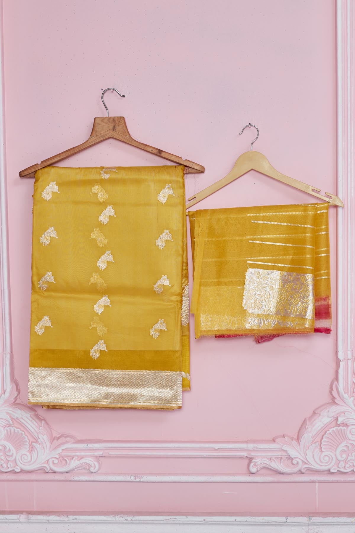 Buy beautiful yellow Banarasi sari online in USA with golden zari border and pallu. Look your best on festive occasions in latest designer saris, pure silk sarees, Kanjivaram silk sarees, handwoven saris, tussar silk sarees, embroidered saris from Pure Elegance Indian fashion store in USA.-blouse