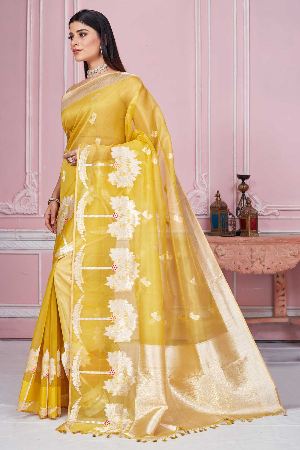 Buy beautiful yellow Banarasi sari online in USA with golden zari border and pallu. Look your best on festive occasions in latest designer saris, pure silk sarees, Kanjivaram silk sarees, handwoven saris, tussar silk sarees, embroidered saris from Pure Elegance Indian fashion store in USA.-full view