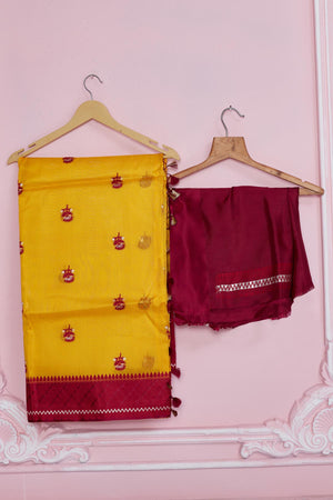 Buy yellow Banarasi saree online in USA with red border and zari pallu. Look your best on festive occasions in latest designer saris, pure silk sarees, Kanjivaram silk sarees, handwoven saris, tussar silk sarees, embroidered saris from Pure Elegance Indian fashion store in USA.-blouse