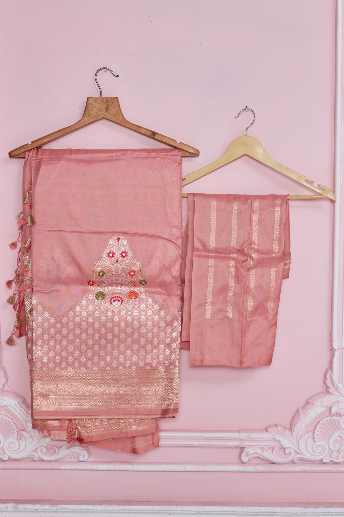 Shop rose pink Banarasi saree online in USA with zari border. Look your best on festive occasions in latest designer saris, pure silk sarees, Kanjivaram silk sarees, handwoven saris, tussar silk sarees, embroidered saris from Pure Elegance Indian fashion store in USA.-blouse
