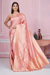 Shop rose pink Banarasi saree online in USA with zari border. Look your best on festive occasions in latest designer saris, pure silk sarees, Kanjivaram silk sarees, handwoven saris, tussar silk sarees, embroidered saris from Pure Elegance Indian fashion store in USA.-full view