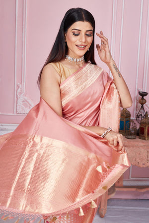 Shop rose pink Banarasi saree online in USA with zari border. Look your best on festive occasions in latest designer saris, pure silk sarees, Kanjivaram silk sarees, handwoven saris, tussar silk sarees, embroidered saris from Pure Elegance Indian fashion store in USA.-closeup