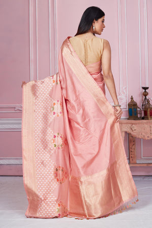 Shop rose pink Banarasi saree online in USA with zari border. Look your best on festive occasions in latest designer saris, pure silk sarees, Kanjivaram silk sarees, handwoven saris, tussar silk sarees, embroidered saris from Pure Elegance Indian fashion store in USA.-back
